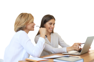 Beautiful businesswoman work together sitting on the table on a transparent background