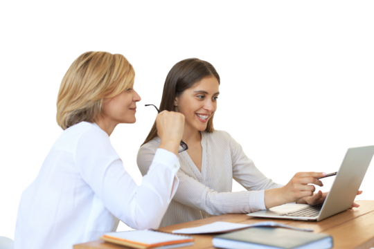 Beautiful businesswoman work together sitting on the table on a transparent background