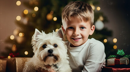 cute young boy with a dog as christmas present in front of a christmas tree