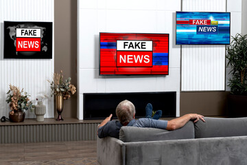 Elderly man watching Fake News on TV sitting on the couch at home