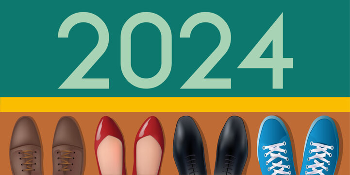 Carte de vœux 2024 sur le thème de la compétition dans le monde du travail avec pour symbole, une ligne de départ et les pieds de quatre personnes, d’âge et se sexes différents.