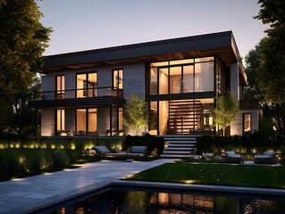 Fototapeta na wymiar Modern cozy house with swimming pool and garden at night. 3d rendering