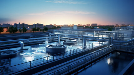 A water treatment plant, purifying and distributing clean water to a city - obrazy, fototapety, plakaty