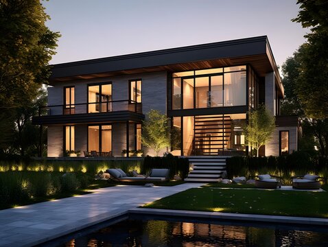 Modern cozy house with swimming pool and garden at night. 3d rendering