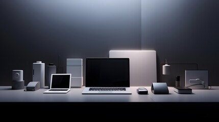 Modern workspace with laptop, tablet and other office supplies. 3D Rendering