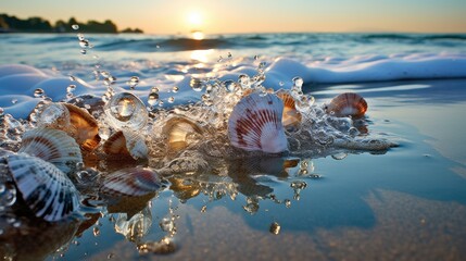 Image of waves, small seashells on the shore. - obrazy, fototapety, plakaty