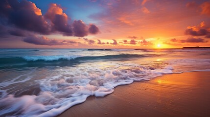 Spectacular sunset on a quiet beach. - obrazy, fototapety, plakaty