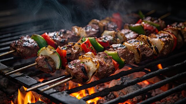 Image of large lamb skewers sizzling on a hot grill.