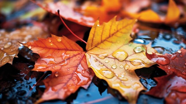 Image of colorful autumn leaves covered with raindrops.