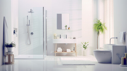 A white bathroom with a shower a toilet and a sink - obrazy, fototapety, plakaty