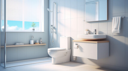 Fototapeta na wymiar A white bathroom with a shower a toilet and a sink