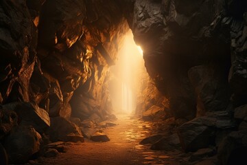 Mysterious glowing rock passage crafted by sunlight beams. Generative AI