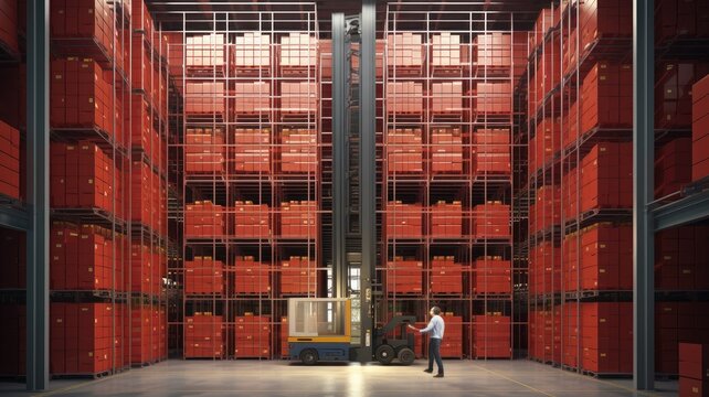 Visualize a person operating an automated storage and retrieval system (AS/RS), illustrating advanced storage solutions used in warehouses