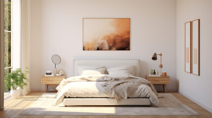 A white bedroom with a large bed a nightstand and a few pieces of art 
