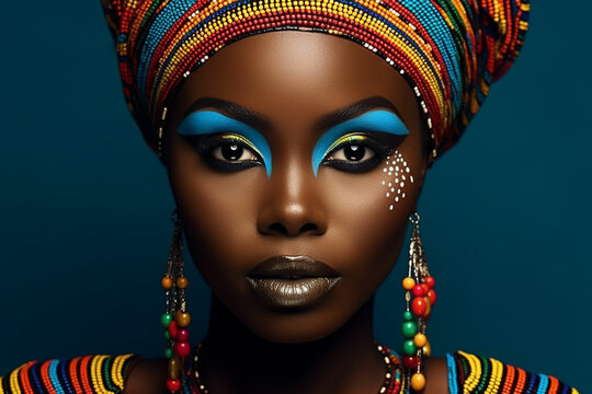 beautiful african woman with colorful makeup and headdress