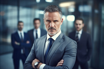 Handsome 50s mid age eldrly male businessman smilling standing in front of his colleagues