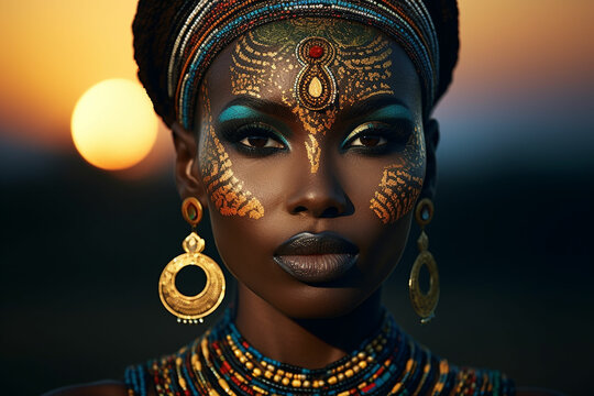beautiful african woman with colorful makeup and headdress