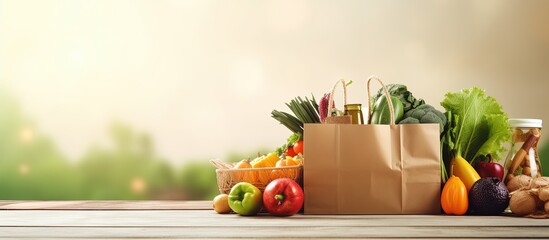 Online grocery shopping and home delivery concept with empty space incorporating a grocery app and filled bag of goods with copyspace for text - obrazy, fototapety, plakaty