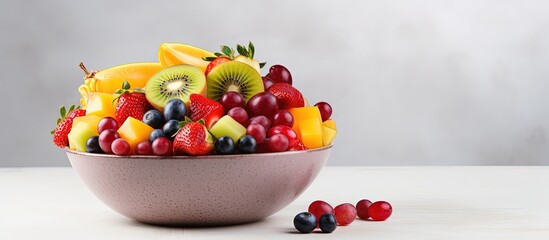 Assorted fruits in bowl pineapple mango grape strawberry blueberry and kiwi