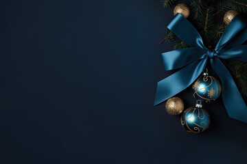 Dark blue and gold Christmas decoration balls on dark background. Merry christmas and happy new year greeting card with copy space for text. - 656597598