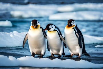 three penguins on ice