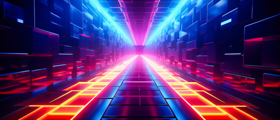 abstract background, futuristic corridor with glowing neon lights - obrazy, fototapety, plakaty
