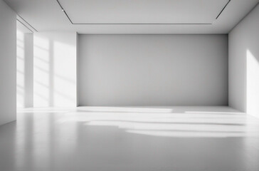 Fototapeta na wymiar An Empty Room with a Clean White Wall, Floor, Soft Lights, and Shadow. Exhibition Background