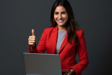 A young female executive exudes confidence, dressed in a vibrant red suit, making a thumbs-up gesture, with a laptop securely tucked under her arm.