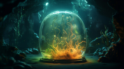 rooted secret room, alien monster in glass water tube generative ai