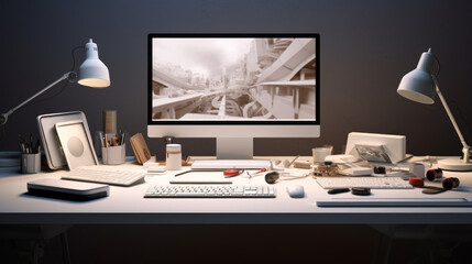A white desk with a monitor, a keyboard and a mouse