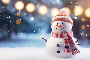 Cheerful Snowman Christmas Decoration in Winter Park with Beautiful Bokeh