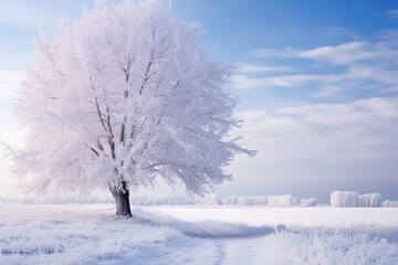 Winter Wonderland: Snow-Adorned Christmas Landscape with Frosted Tree