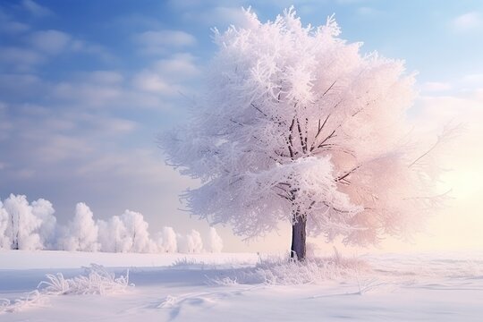 Winter Wonderland: Snow-Adorned Christmas Landscape with Frosted Tree