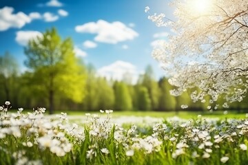 Scenic Spring Beauty: Blooming Glade, Trees, and Blue Sky in Blur