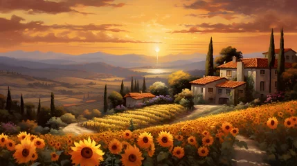 Foto op Plexiglas Landscape with sunflowers and villa in Tuscany, Italy © Iman