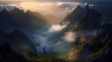 Mountain peaks in clouds and fog at sunset 1