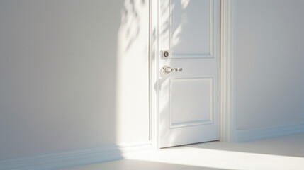 A white door with a silver handle and a light from the window