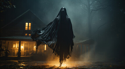 The dementor flying in the air outside the house.
