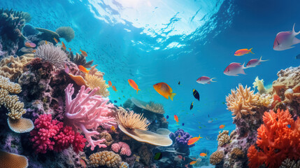 Fototapeta na wymiar Diverse soft corals and a shoal of fish in a tropical reef