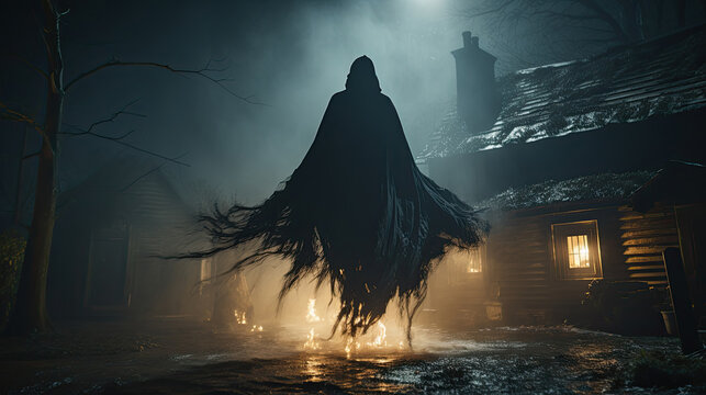 The dementor flying in the air outside the house.