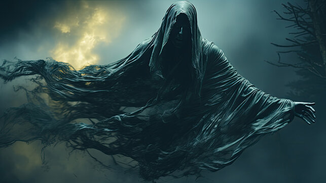 The dementor flying in the air in dark forest.