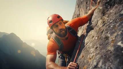 Poster lose-up a rock climber on the peak. Sport and active life concept © Zahid