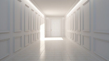 A white hallway with a door and a light 