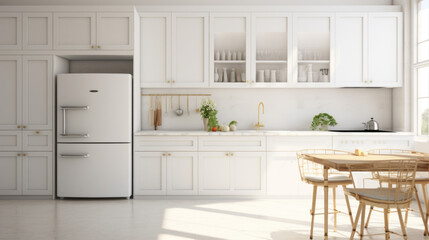 A white kitchen with marble countertops a large fridge and a few cabinets - obrazy, fototapety, plakaty