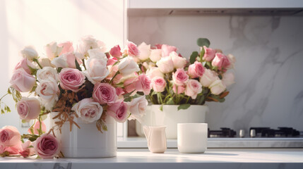 A white kitchen is filled with stainless steel appliances with a vase of pink and white roses on the counter