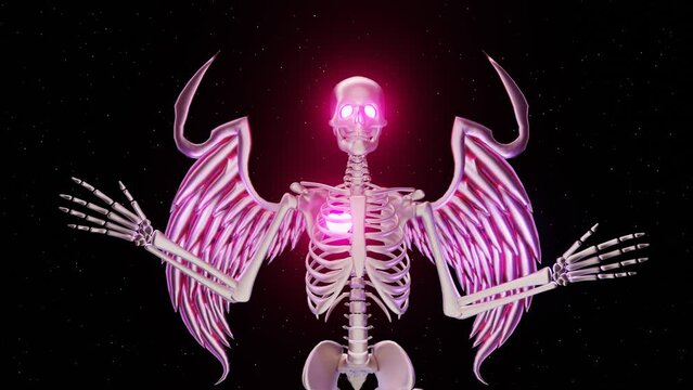 3d retro grunge Cute halloween skeleton with wings dancing and flying in space galaxy with stars glowing pink, Ghost looped wallpaper Y2K 80s 70s retro animation. Bright colors. 4K  Background grunge