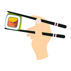 cartoon hand holding chopsticks with sushi