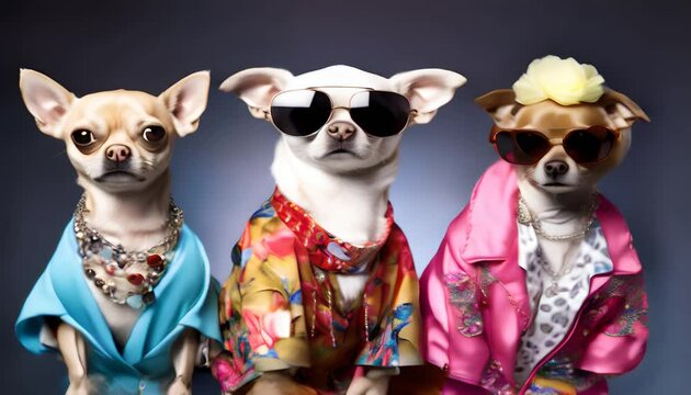 Three dogs in colorful clothes and sunglasses. Anthropomorphism. Humanised animals concept. Generative AI