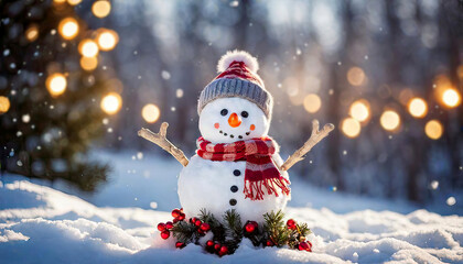 Obraz premium Snowman smiling and standing in snowfall with Christmas ornament. Winter morning landscape, bokeh forest background 