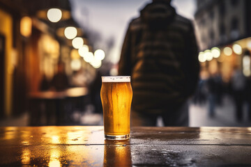 Man drinking beer in bar on street - obrazy, fototapety, plakaty